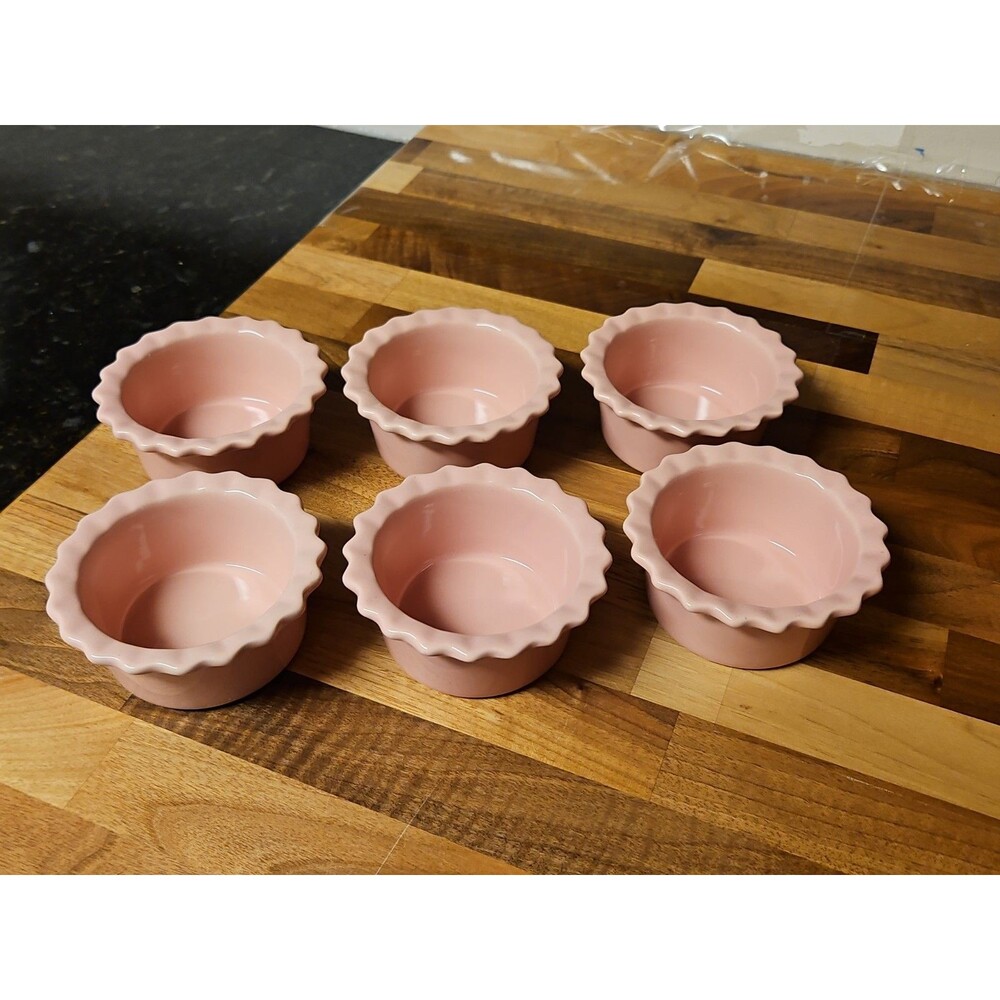 Set of 6 Vintage Chantal Pink Ceramic Fluted Ramekins Scalloped Edge 1/2 Cup